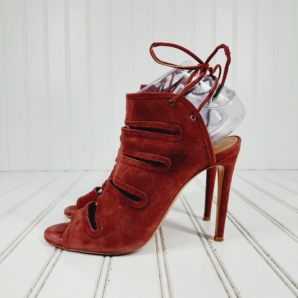 Aquazzura Sexy Thing Burgundy Lace Up Slip On High Heels Pep Toe Sandals B403 - Picture 1 of 13